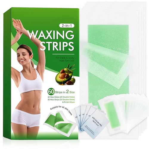 60 Count Wax Strips, 20 Face Wax Strips 40 Body Waxing with 6 Calming Wipes, Waxing Strip for Eyebrow, Arms, Legs, Bikini, Underarm