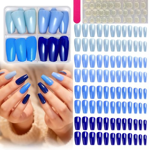 96PCS Blue Ombre Press On Nails Coffin Shape Glossy False Nails Short to Medium Full Cover Tips for Women, ABS Material Strong, Manicure Tools Included, DIY Art Set (Blue Ombre – 96PCS)