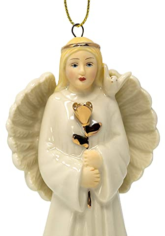Gedenkengel aus Porzellan, Weihnachtsengel mit goldfarbenem Rand und Rose und Taube, in Geschenkverpackung mit Gedichtkarte, 10,2 cm hoch, silberfarbene Schnur