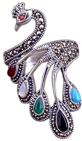 NicoWerk Damen Silberring Pfau aus 925 Sterling Silber Vintage mit Stein Bunt Breit Edelstein Vogel Verstellbar Offen SRI371