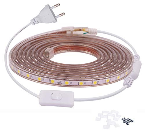 FOLGEMIR 5m Warmweiß LED Band mit Schalter, 220V 230V Lichtleiste, 60 Leds/m Strip, IP65 Lichtschlauch, milde Hintergrundbeleuchtung