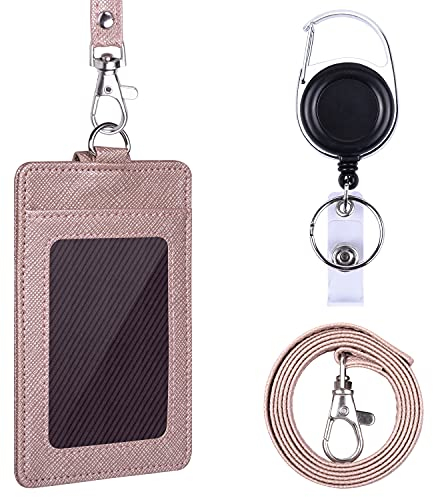 Wisdompro Porte Badge Enrouleur, avec Cordon Tour de Cou de 47,8 cm et Mousqueton Rétractable, Double Face en Cuir Synthétique pour Carte d'identité - Or Rose (vertical)