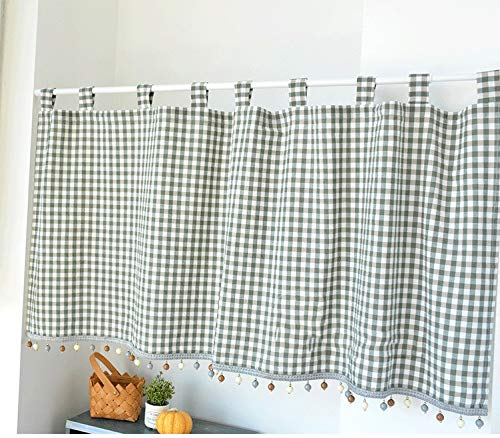Yaland Elegant Schlaufenschal karo Gardine Karierte Küche Gardine Scheibengardine mit Kugeln-Kante Landhausstil Bistrogardine mit Raffhalter (HxB 50x200cm, grün) 1 Stück