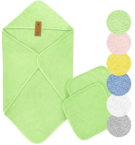 Arus Baby-Kapuzenhandtuch-Set aus Bio-Baumwolle mit 2 Baby-Waschlappen, Grün, 75 X 75 cm