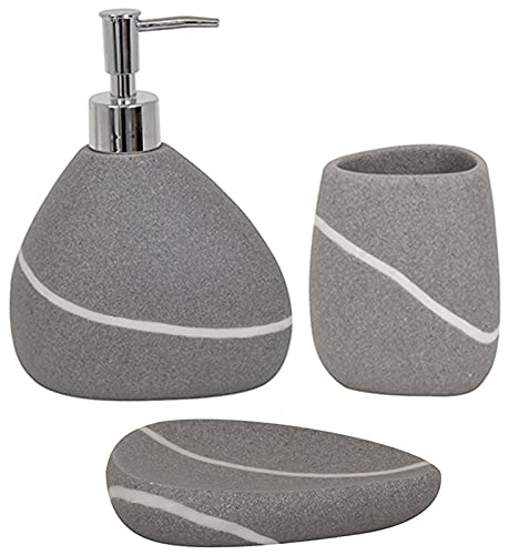 MSV Set de 3 accesorios de baño de poliresina, dispensador de jabón, jabonera, vaso para cepillos de dientes, gris piedra Zen