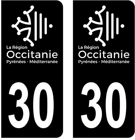 Hadexia Aufkleber für Nummernschild, Auto, Departement 30, Gard, Logo Region Okzitanien, Full Schwarz, 2 Stück