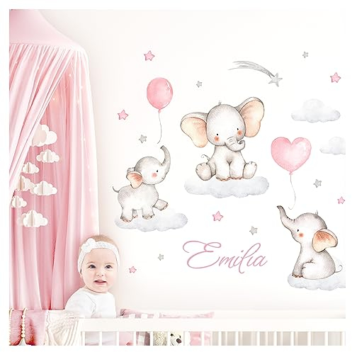 Little Deco Wandtattoo Elefanten & Wunschname I Wandbild 90 x 54 cm (BxH) I Kinderzimmer Babyzimmer Wandaufkleber Mädchenzimmer Sterne Wolken Wandsticker DL710