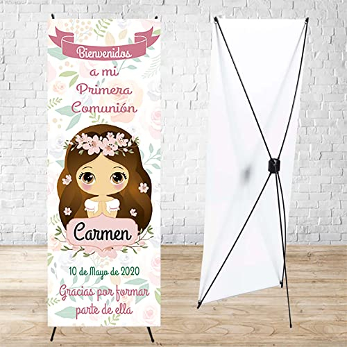 Cartel Comunión niña sin boca con soporte 60 x 160 cm. Decoración comunión, Photocall personalizado con nombre y fecha. Fabricación Española, banner de bienvenida
