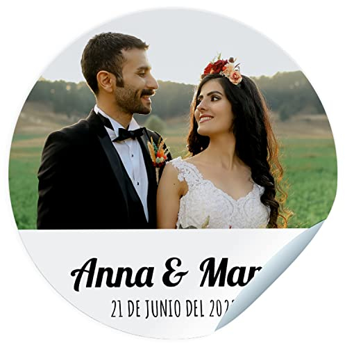 Aufkleber für Hochzeitsfotos. Personalisierte Aufkleber mit Namen und Datum für die Geschenke Ihrer Gäste. Misst 45 mm / 60 mm / 70 mm im Durchmesser. nicht für Kleidung geeignet