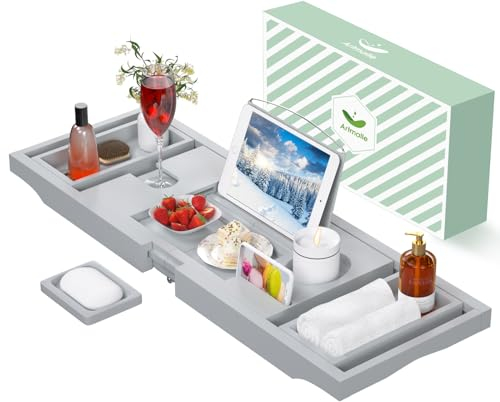 Artmalle Badewannen-Tablett für Badewanne – Bambus Adjustale Organizer Tablett Badtisch für Badezimmer, faltbares Luxus-Wannen-Tablett mit Buchhalter für Home Spa und Geschenkwahl, grau