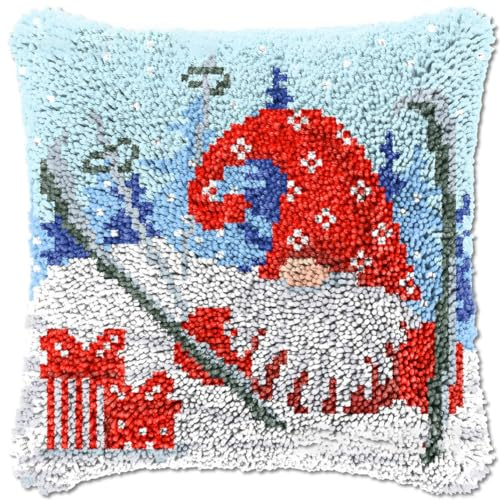 Rocky&Chao Latch Hook Kit for Adults Red Hat Gnome 43x43cm, Gnome Latch Pillow Case Kits, DIY Latch Hook Cushion Kits, Cross Stitch Embroidery Kits Cushion Making Kits Home Decor
