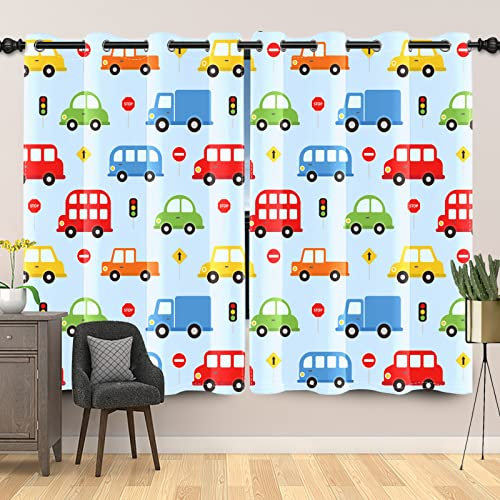 SDOTPMT 107x160cm, 2 Stücke Kinder Karikatur Fahrzeuge Muster Fenstervorhang Taxi LKW Bus Fenstervorhänge Verkehr Licht Auto Handgezeichnet Schiebevorhänge für Kinderzimmer Verdunkelung Vorhänge