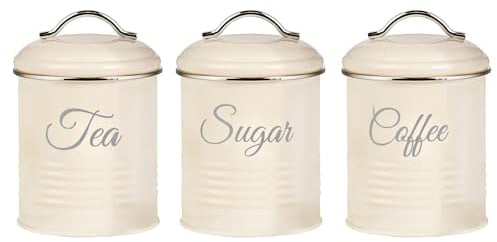 Innoteck Tea Coffee Sugar Canister Set - Set of 3 Kitchen Canister Sets with 1.3L Capacity, Food-Grade Metal Kitchen Food Storage with Airtight Lids, Tea Coffee & Sugar Tins for Organising, Cream