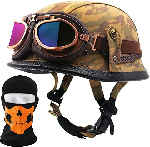 Casco da Moto Mezzo Casco con Cappuccio Testa, Retro PU Mezzo Guscio Casco, DOT/ECE Approvato Casco Stile Tedesco Vintage per Uomini Donne (M ~ XXL)