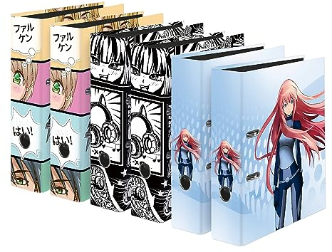 Original Falken 6er Pack Motiv-Ordner Manga sortiert. Made in Germany. 8 cm breit DIN A4 Ringordner Aktenordner Briefordner Büroordner Plastikordner Schlitzordner