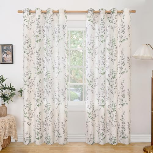BGment Leinen-Vorhänge für Wohnzimmer, 213 cm Länge, 2 Paneele, Frühlingsblumen-Blattmuster, lichtfilternde Fenster, Privatsphäre, Boho-Vorhänge für Schlafzimmer, jeweils 132 cm breit, Grasgrün