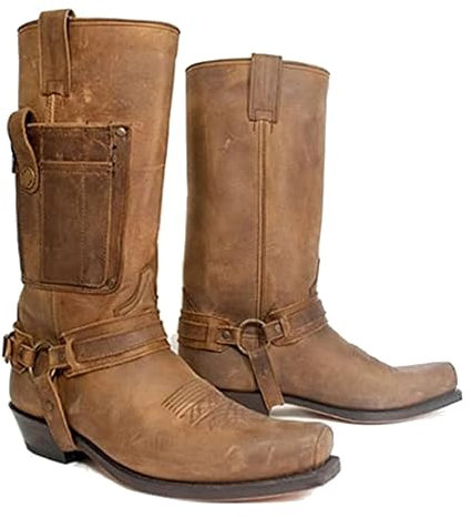 Western Cowboy Boots - Uomo Square Toe Boots - Medieval PU Leather Low Heel Mid Tube Knights Boots per Cosplay,Marrone,42