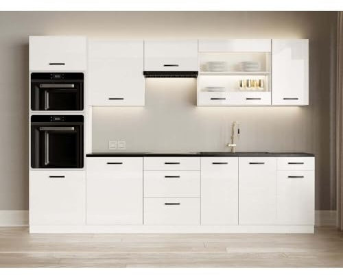 Küche Vicky weiß 300 cm (weiß Hochglanz), OKAYMOEBEL.DE