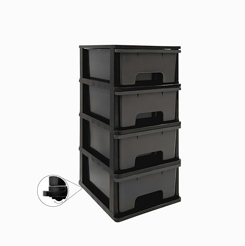 Abbaware Plastic Drawers Storage Unit, With Wheels, Storage Drawers, Tower, 4 x 17L Drawers, Black Frame/Modern Grey Draws