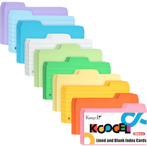 Koogel Karteikarten mit Registerkarten, liniert, blanko, Karteikarten mit Ring, Karteikarten für Vokabellernen, Büro, Schule, Zuhause, 130 x 75 mm, 560 Blatt