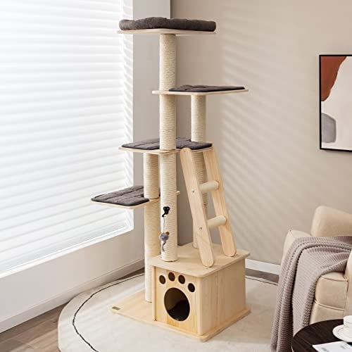 COSTWAY Modern Cat Tree, 170cm Tall Cats Climbing Tower with Scratching Sisal Posts, Ladder, Condo and Washable Cushions, Wooden Kitten Activity Furniture Play House
