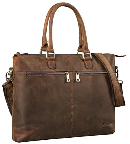 STILORD 'Bailey' Business Laptop Bag Leather 15 inch Large for Work Office Meeting Vintage Notebook Bag Shoulder Bag Trolley Attachable, Colour:colorado - brown
