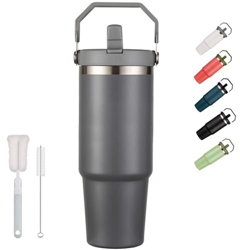XIXIAMI Travel Mug with Handle 900ml-30oz Insulated Tumbler with Straw & Lid Leakproof Coffee Mug for Hot or Iced Drink |Stainless Steel Thermal Cup-Grey