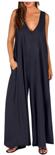 HAOLEI - Salopette Donna Tuta Intera Jumpsuit Senza Maniche Canotta Playsuit Tuta a Gamba Larga con Tasche da Spiaggia Regalo per la Festa della Mamma - Bianco - XXL