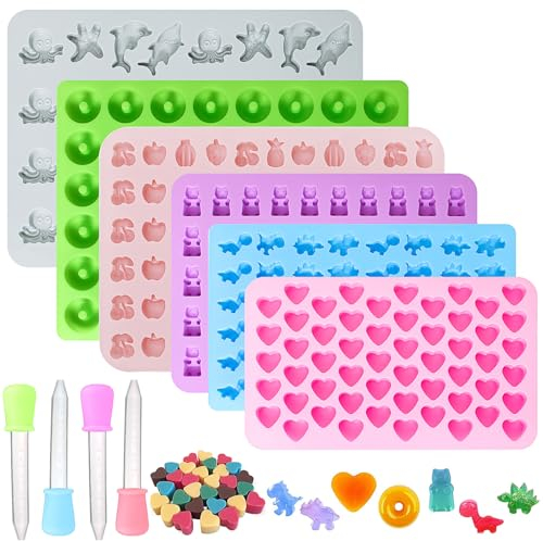 TAIXING 6 Piezas Moldes Gominolas Silicona, Mini Moldes de Silicona para Caramelos y Chocolates, Moldes Silicona Molde Bombones con 4 Cuentagotas para Hacer Dulces Galletas Cubitos Hielo Pudín