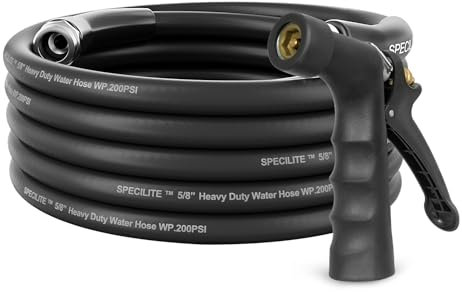 SPECILITE 1,6 cm heißer/kalter Gartenschlauch, 7,6 m, mit industrieller Hochdruckdüse, flexibel und leicht, 600 psi geplatzter Gummi-Wasserschlauch -45,6 °C bis 70 °C, mit 3/4 Zoll Edelstahlbeschlägen