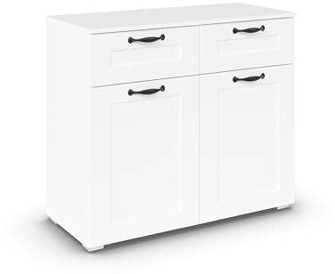 Rauch Möbel Cottage by Aditio Kommode, Sideboard klein, Mehrzweckschrank, Schubladenkommode, 2-türig, 2 Schubkästen, Soft-Close, Farbe Alpinweiß, 93x81x42cm