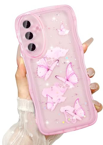 UEEBAI Transparent Coque pour Samsung Galaxy A35 5G, Curly Wave Frame Étui en Silicone Liquide, Housse de Téléphone en Motif de Papillon Antichoc Bumper Cover pour Filles Femme, Rose