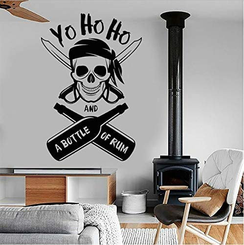 Autocollant mural crâne de pirate et bouteille de rhum – Yo Ho Ho et une bouteille de rhum – Bar sur le thème des pirates ou décoration de chambre pour homme – Autocollant mural en vinyle noir 42X61Cm
