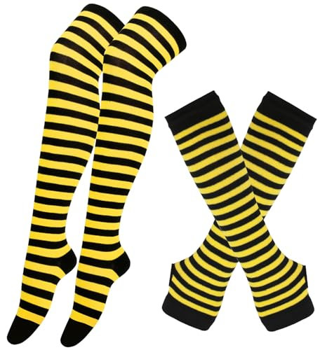 BRTNUP Striped Arm Warmers Leg Warmers Set, Stripeda Socks Over Knee, Striped Arm Warmer Fingerless Gloves for Girls Women (A, One size)