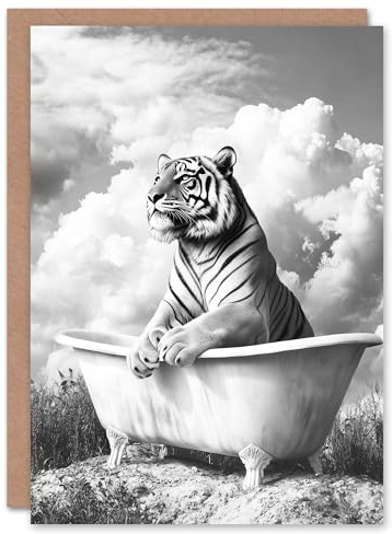 Artery8 Greeting Card Tiger Bathtub Black White Surreal Big Cat Lover Blank For Him Or Her Art Birthday Card