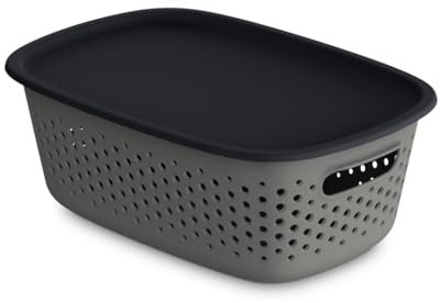 Kreher® Aufbewahrungsbox Mehrzweckkorb mit Deckel. Ideal für Kleiderschrank & Küche. Stapelbar, lebensmittelecht, BPA-frei. Aus Kunststoff in dezenten Farben. Viele Größen/Farben. (Grau, 1 x 10 L)