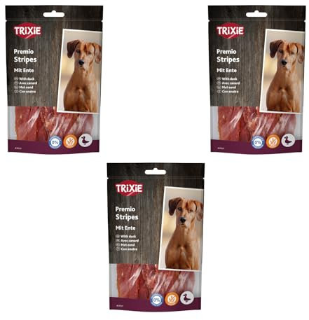 TRIXIE Premio Stripes mit Ente | 3er Pack | 3 x 100 g | Ergänzungsfuttermittel für Hunde mit hohem Fleischanteil aus Ente | Reich an wichtigen Omega-3- und Omega-6-Fettsäuren