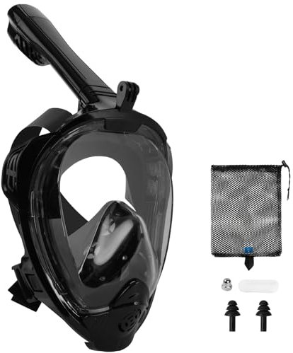 AOOSA Maschera Snorkeling Integrale Maschera Subacquea Con Staffa per Fotocamera, 180° HD Anti-Appannamento Anti-Perdita Maschera Integrale, Set da Snorkeling Pieghevole per Adulti, (Nero, L/XL)