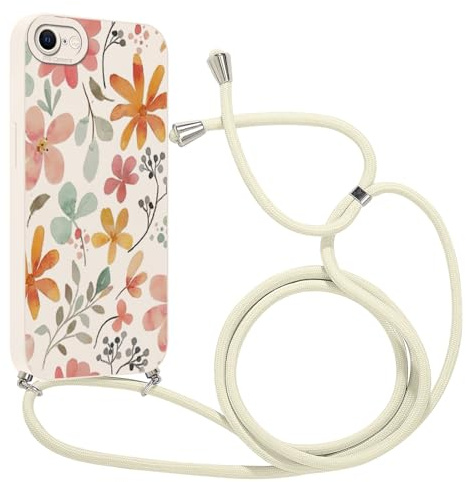 Kueqeay Handyband für iPhone 7/8/iPhone SE 2022 /SE 2020 Hülle mit Band 4,7'', Aesthetic Weißer Blume Muster Verstellbarer Halskette Handyhülle mit Kordel zum umhängen Silikon Schutzhülle, 01