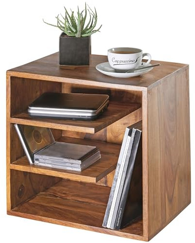 Beistelltisch 43x43x30 cm Sheesham Massivholz Design Nachttisch | Kleiner Wohnzimmertisch mit Ablagen | Designer Holztisch massiv | Nachtkonsole Nachtkommode Holz |
