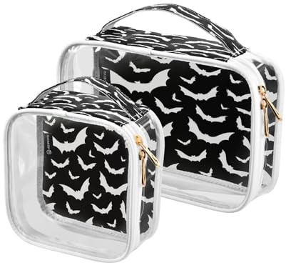 Lot de 2 trousses de toilette transparentes pour maquillage d'Halloween - Chauve-souris pour femmes, hommes et filles - Blanc, multicolore, Trousse de toilette