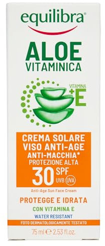 Equilibra, Sonnencreme für das Gesicht, LSF 30, 75 ml, Sonnenschutz für das Gesicht, Anti-Aging und Anti-Flecken*, parfümfrei, mit Aloe Vera, Vitamin E, Karottenöl, Arganöl, Kokosnuss und Sheabutter