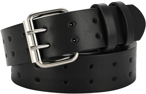 VONMELLI Herren Gürtel Double Prong Ledergürtel Schwarz Casual Arbeitsgürtel Heavy Duty Dual Hole für Jeans Pant Länge 150cm Max Taille 132cm