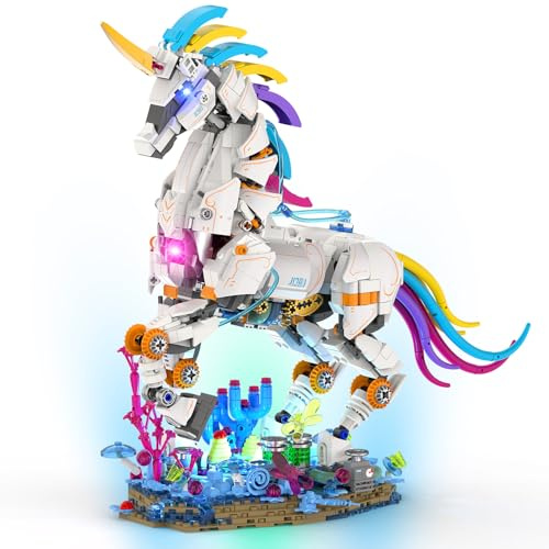 Brihappen Rainbow Unicorn Building Set with Light for Adult Boys Girls, Cool Mech Unicorn Collectible Display Model, Creative Fantastic Unicorn Building Block Set, Home Office Decor Birthday Gifts