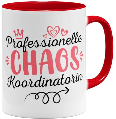 OM3® Professionelle Chaos Koordinatorin Kaffee-Tasse mit Spruch - Bürotasse Büro - Keramik Becher - 325ml - Beidseitig Bedruckt - Rot