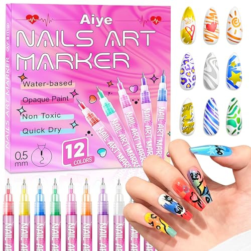 Flintronic 12 Colors Nail Art Pens Set, Fine Tip Nail Art Markers Polish Pen for 3D Nails Art, DIY Quick Dry Graffiti Dotting Point Liner Pens, Nails Art Drawing Tool for DIY Nail Design(1 Set)