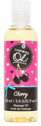 Lovehoney Cherry Massage Oil Infused with Essential Oils, 100ml | Vegetarian Friendly, Travel Sized Bottle, Romantic Gift for Couples
