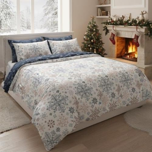 Faro Bettwäsche Set Baumwoll Weihnachtsbettwäsche (Dunkelblau Weiß – Schneeflocken, 140x200 + 70x90 (2 TLG))