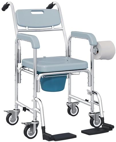 HOMCOM Chaise Percée Adulte à Roulettes 4 en 1 Imperméable Aluminium Gris