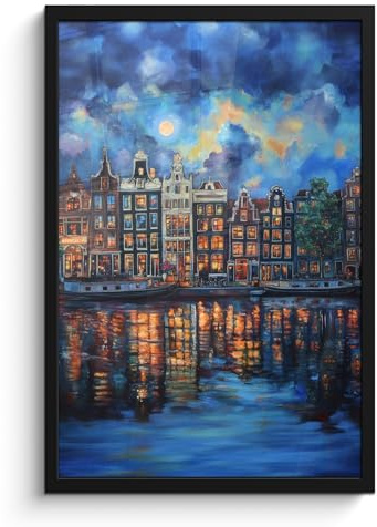 MuchoWow© Fotorahmen Picture Frame Bilderrahmen Poster Bild Mit Rahmen | 40x60 cm - Posterrahmen Foto Wand Deko Wohnzimmer Wanddekoration Grachten Amsterdam - Häuser - Stadt - Farbenfroh